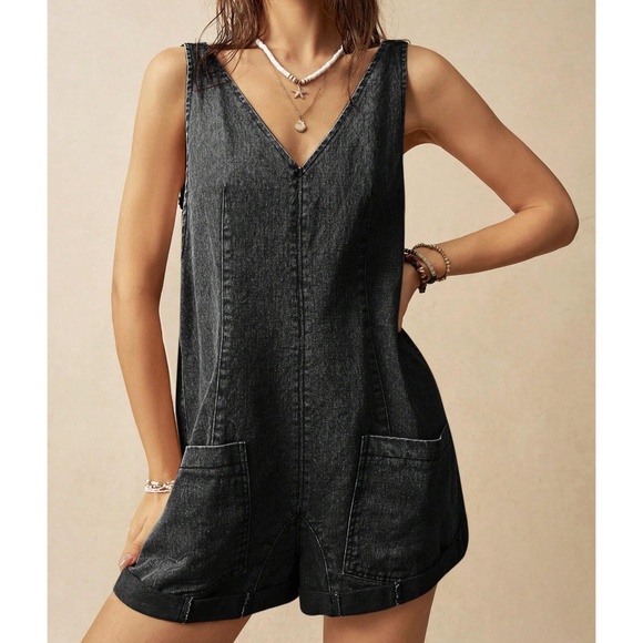 Mineral Wash Black Pockets Denim Jean Romper - Picture 1 of 7